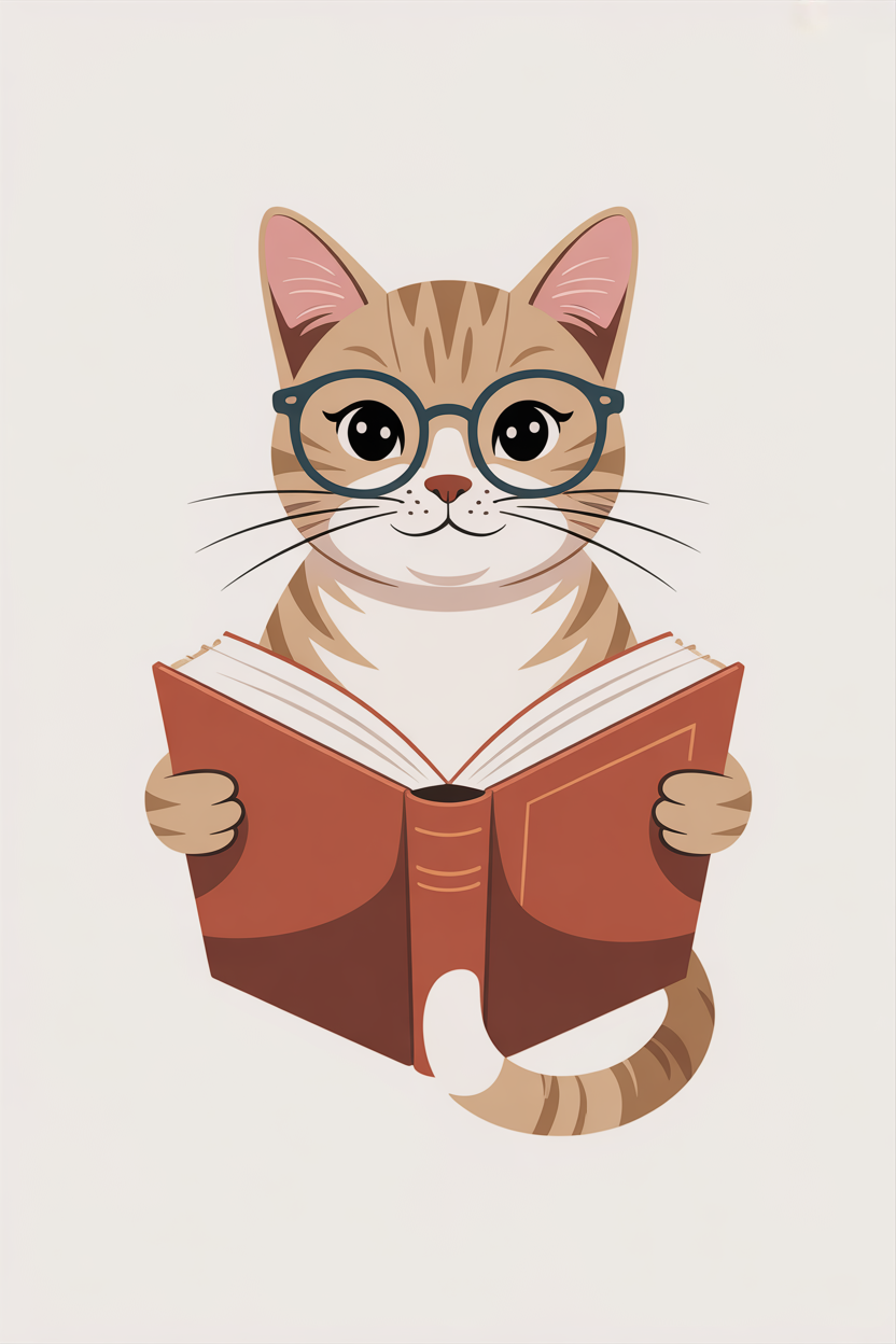 Flat vector illustration of a cat reading a book