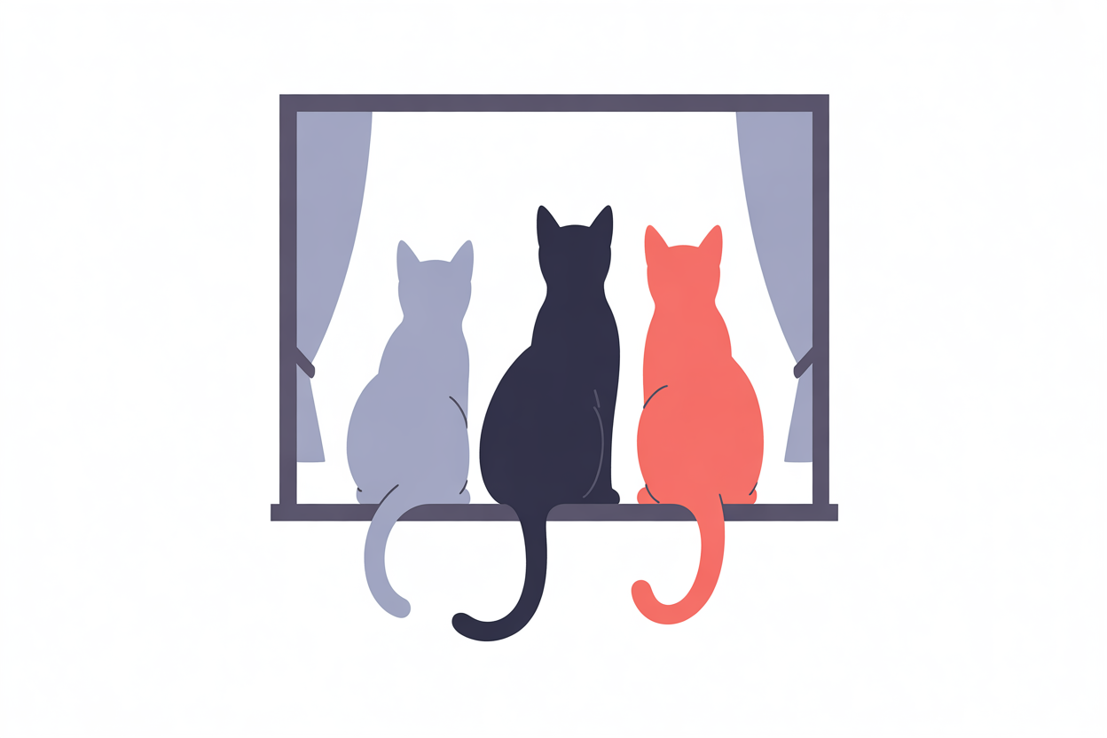 Flat vector illustration of three cats sitting by a window