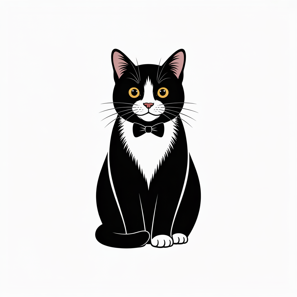 Flat vector illustration of a tuxedo cat