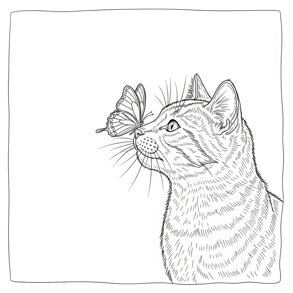 Line art illustration of a cat and a butterfly