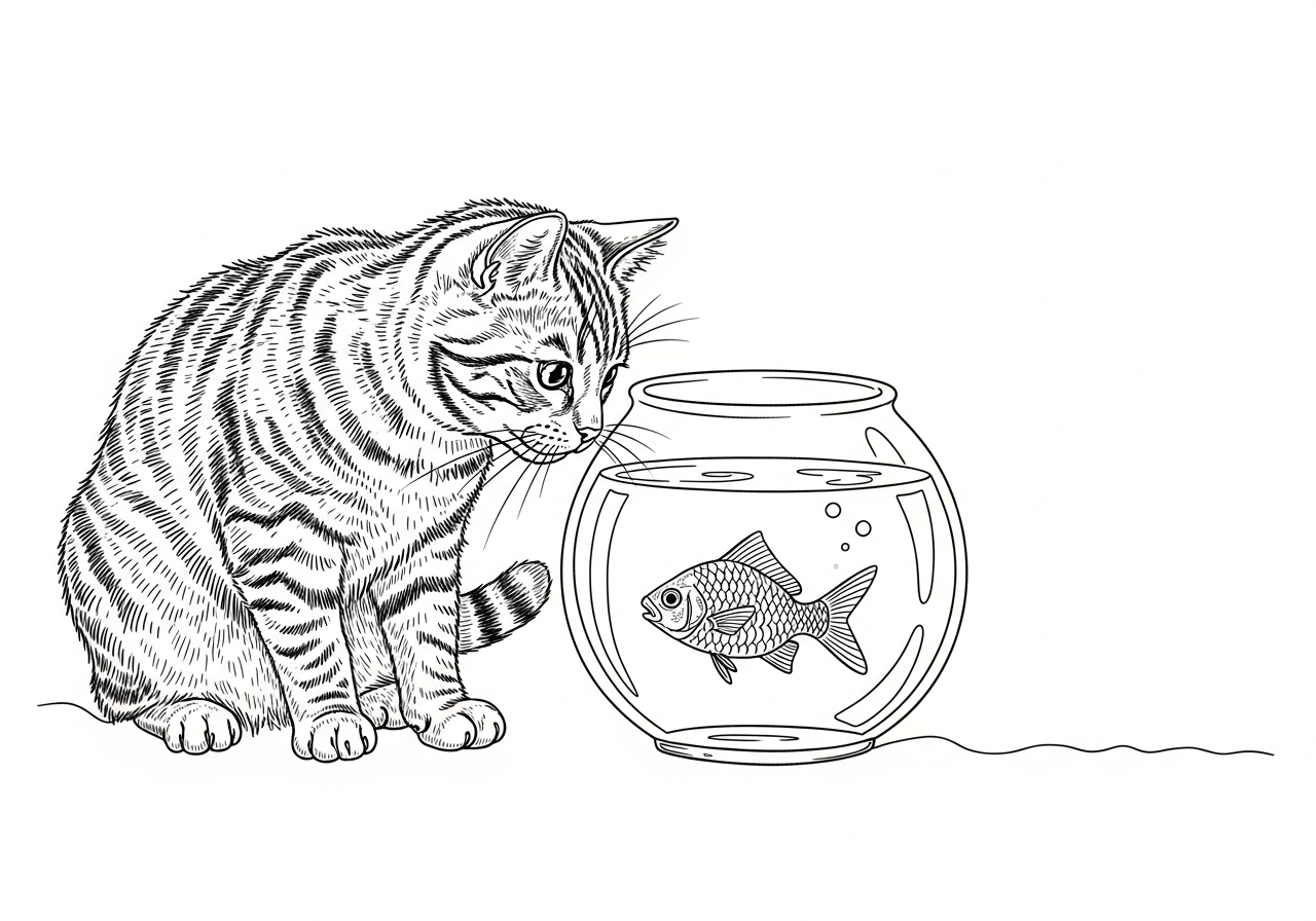 Line art illustration of a cat staring at a fish bowl