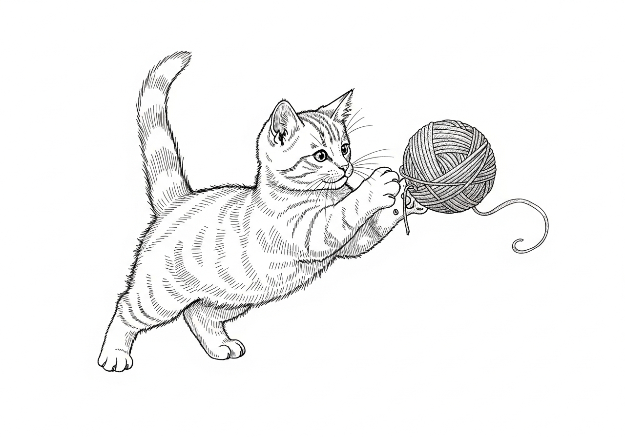 Line art illustration of a kitten playing with yarn