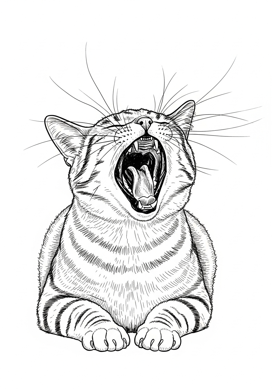 Line art illustration of a yawning cat