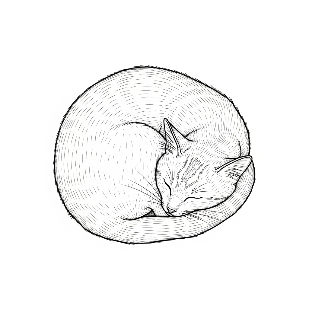 Line art illustration of a sleeping curled-up cat