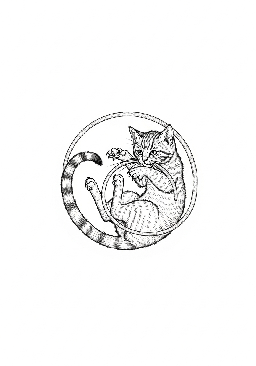 Line art illustration of a kitten playing with its tail