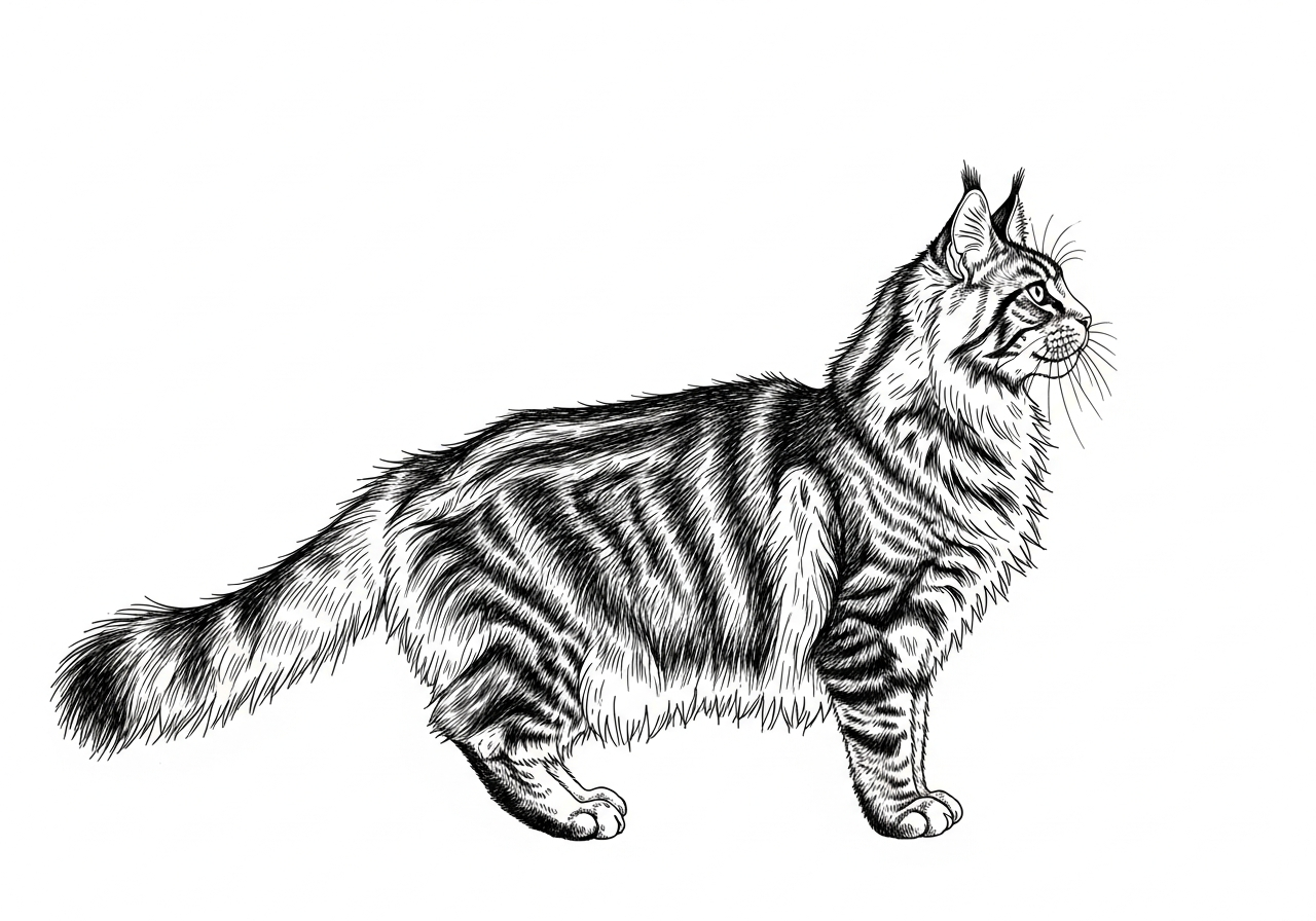 Line art illustration of a Maine Coon cat
