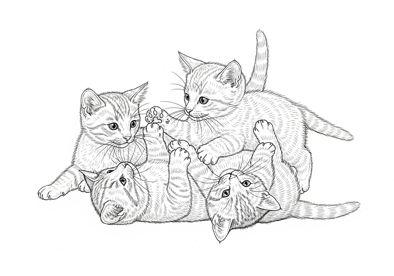 Line art illustration of three playful kittens