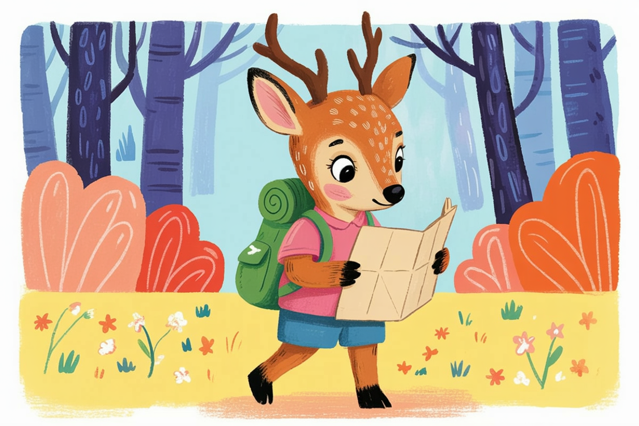 Children's book illustration of a young deer on an adventure