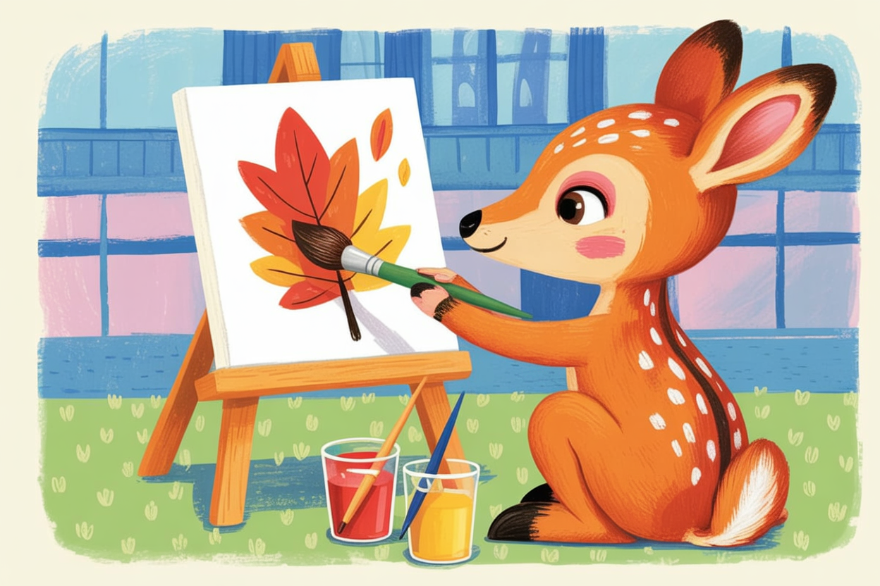 Children's book illustration of a deer artist