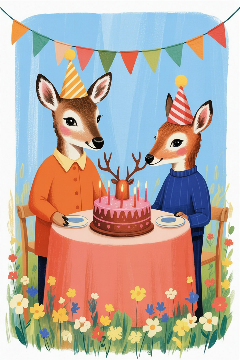 Children's book illustration of a deer birthday party