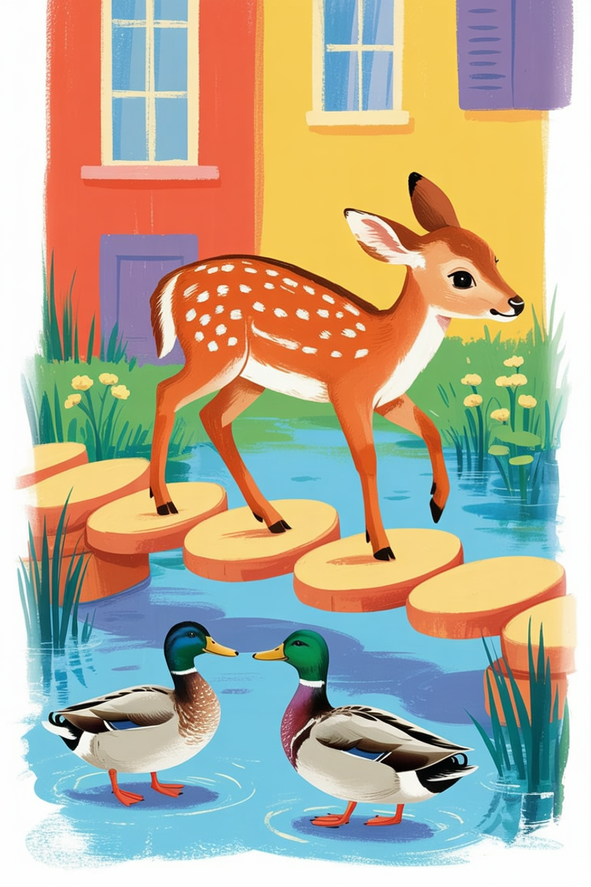 Children's book illustration of a deer crossing a stream