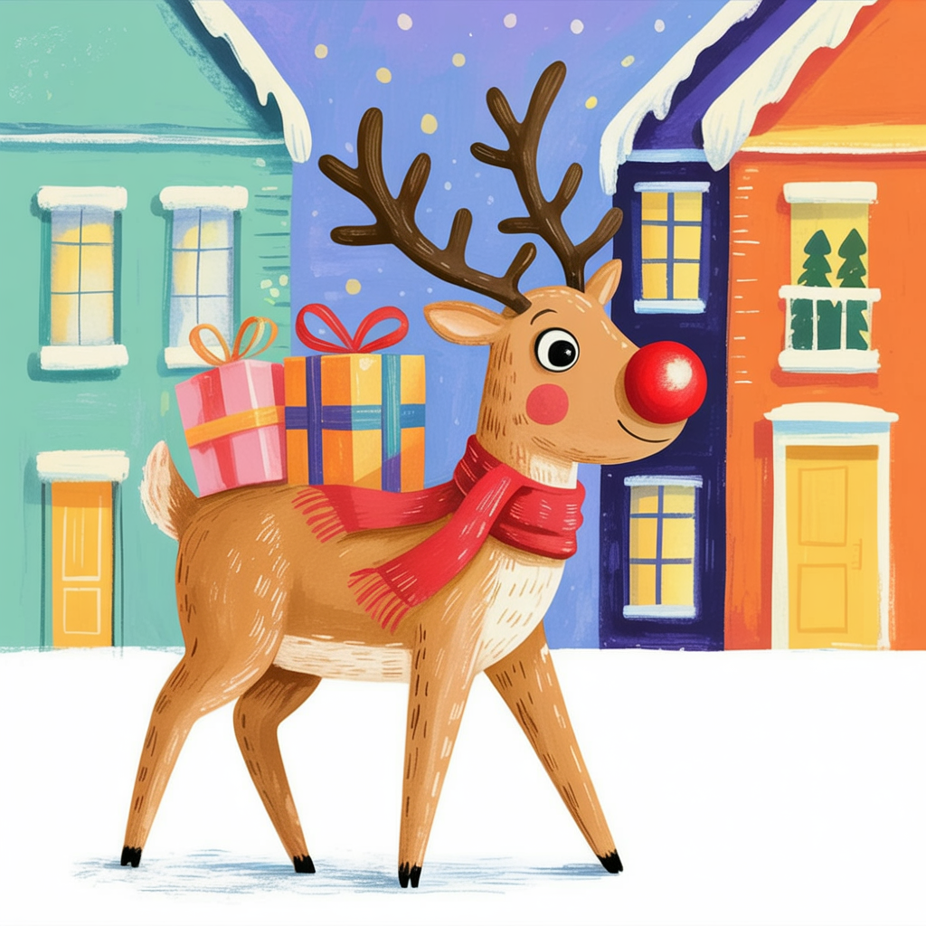 Children's book illustration of a reindeer delivering gifts