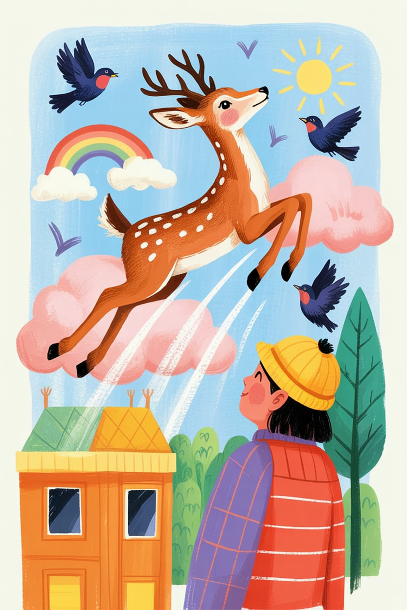 Children's book illustration of a deer jumping on clouds