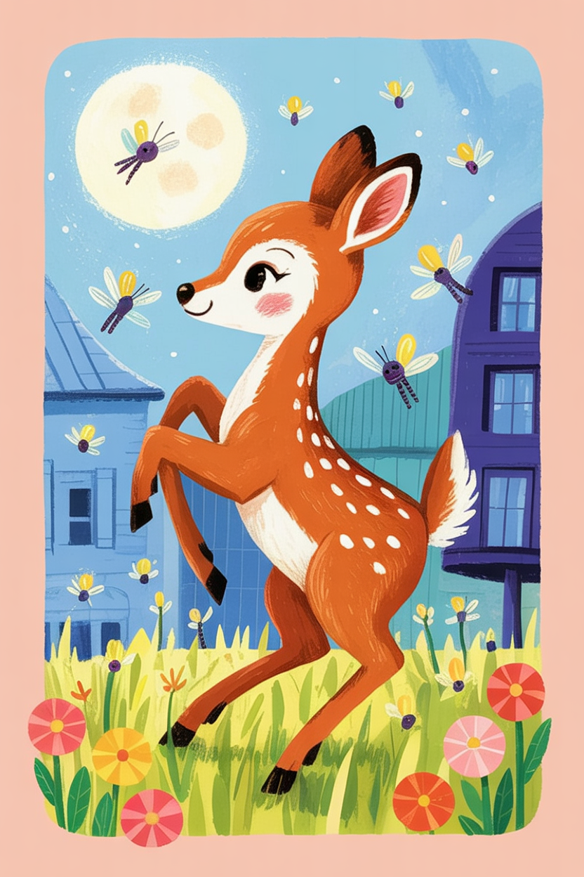 Children's book illustration of a deer dancing in moonlight