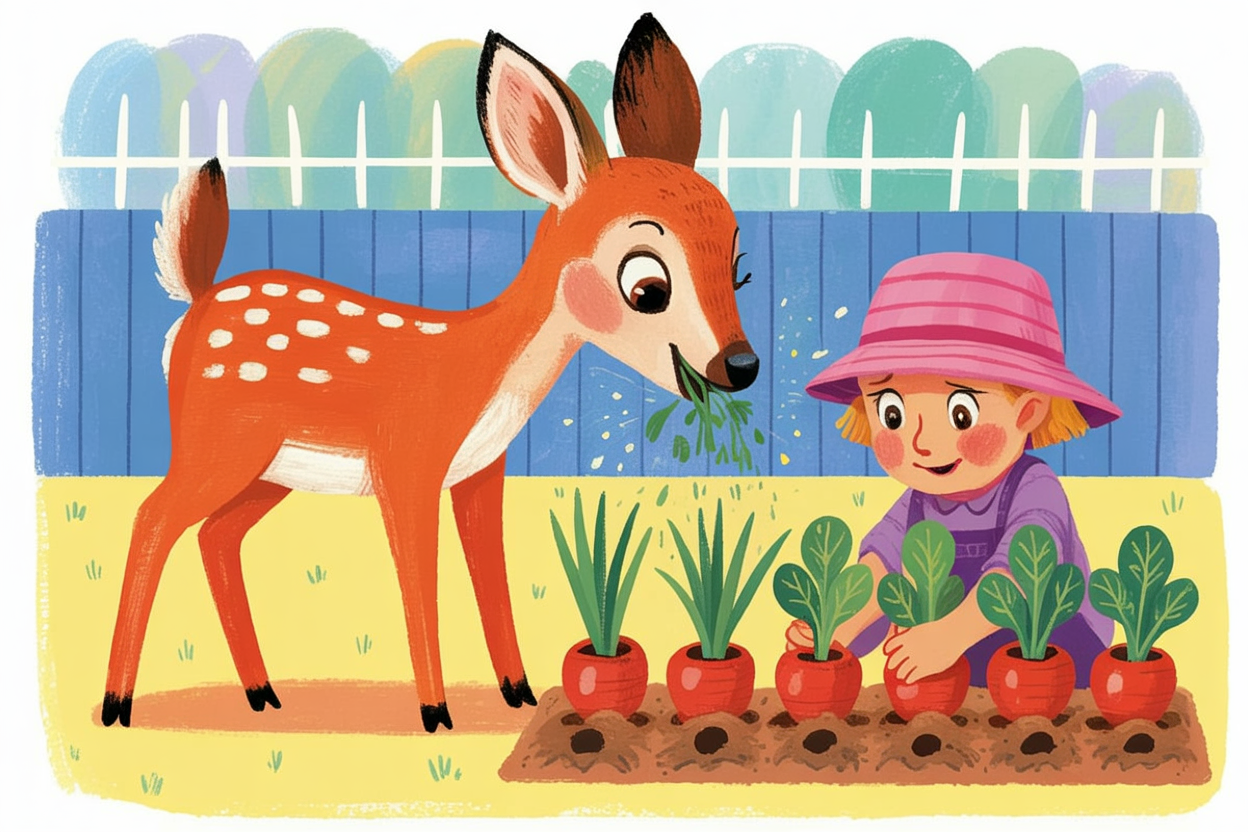 Children's book illustration of a deer in a vegetable garden