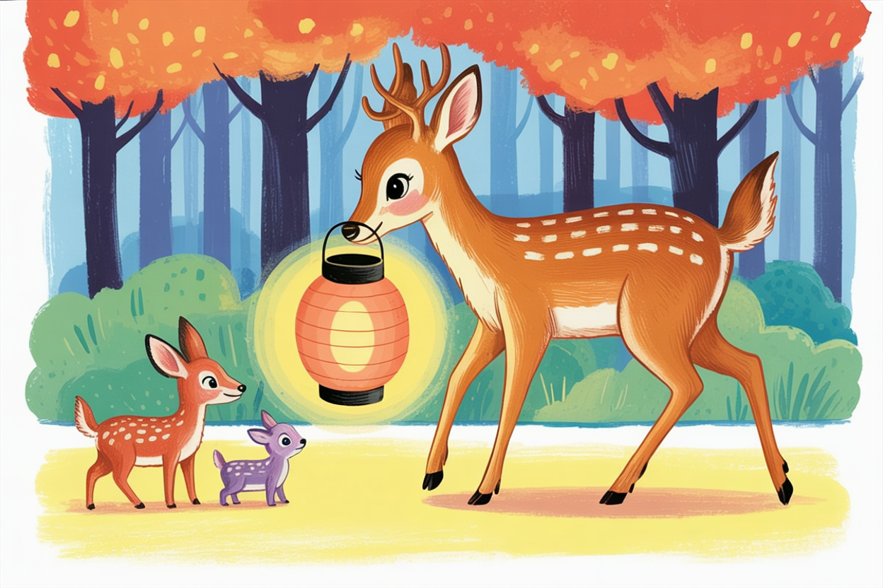 Children's book illustration of a deer with a lantern guiding animals