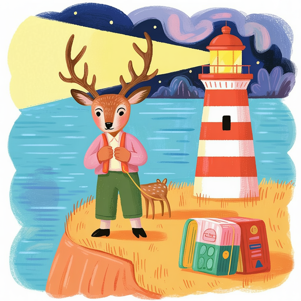 Children's book illustration of a deer lighthouse keeper