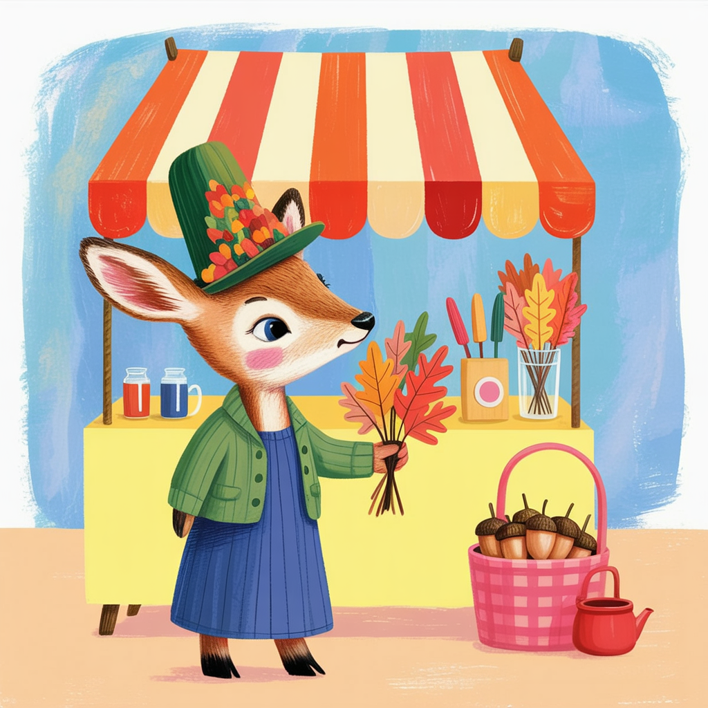 Children's book illustration of a deer at a woodland market