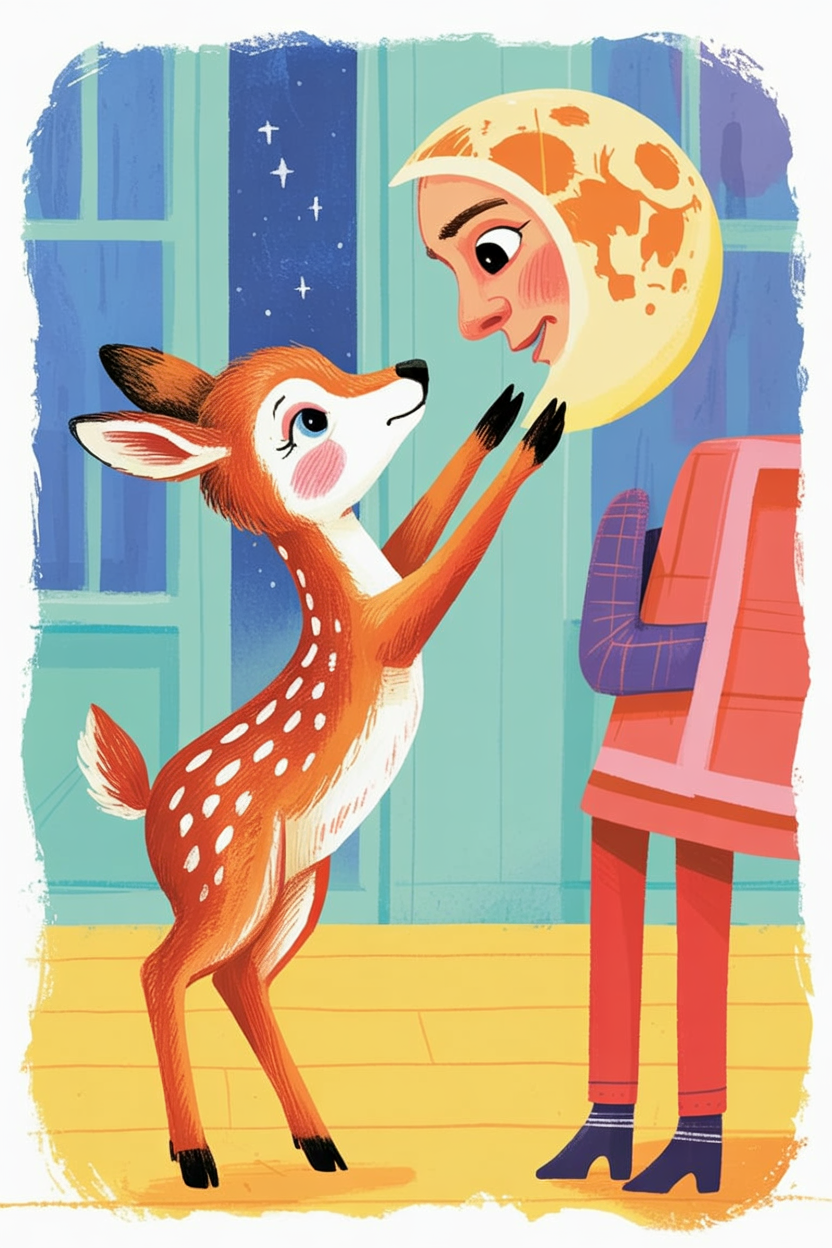 Children's book illustration of a deer reaching for the moon