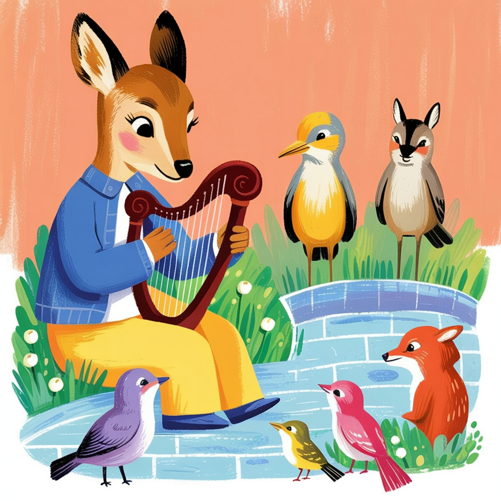Children's book illustration of a deer playing a harp