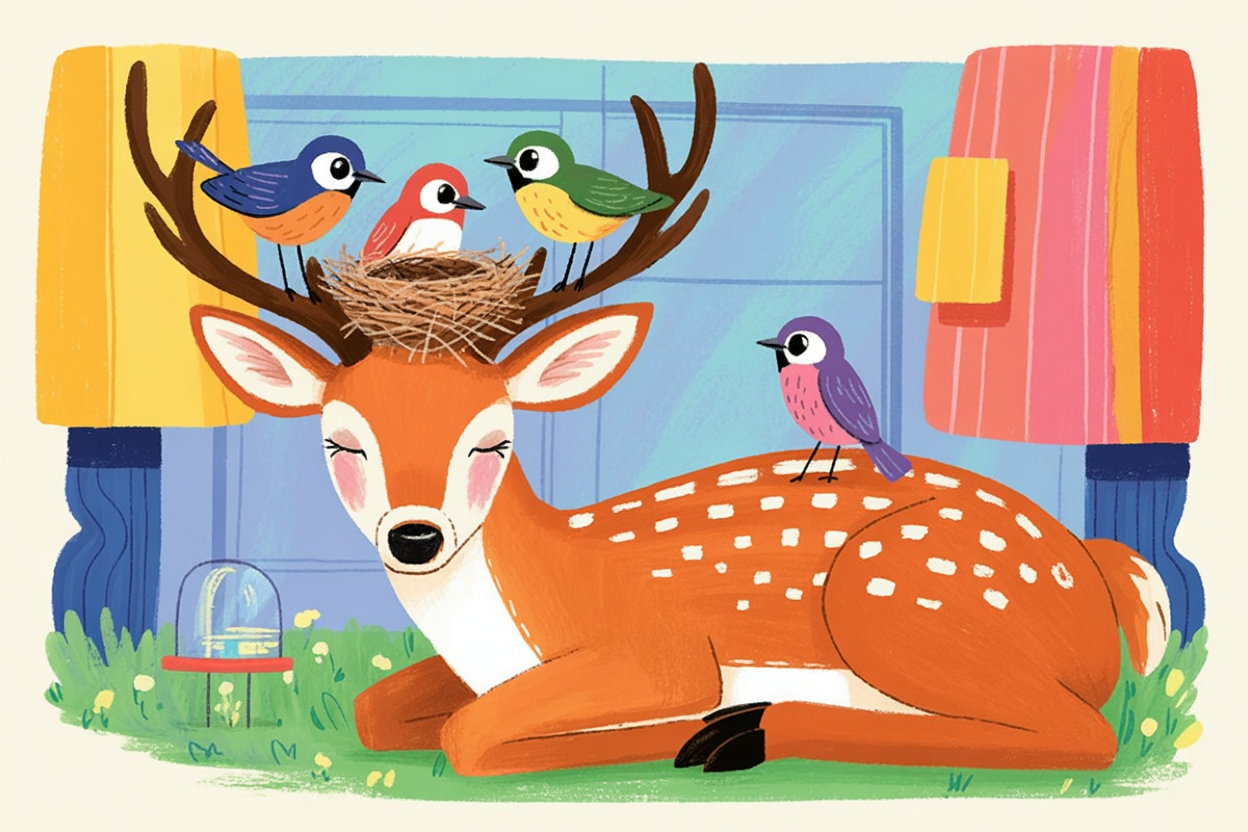 Children's book illustration of birds nesting in a deer's antlers