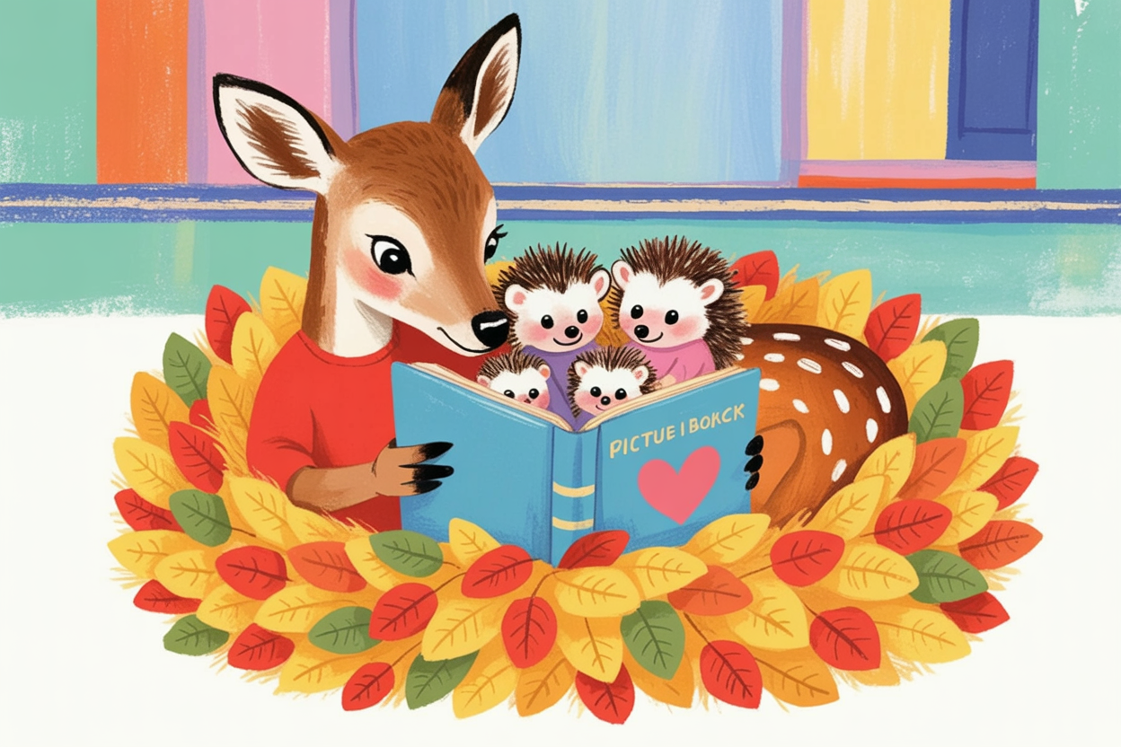 Children's book illustration of a deer reading to hedgehogs