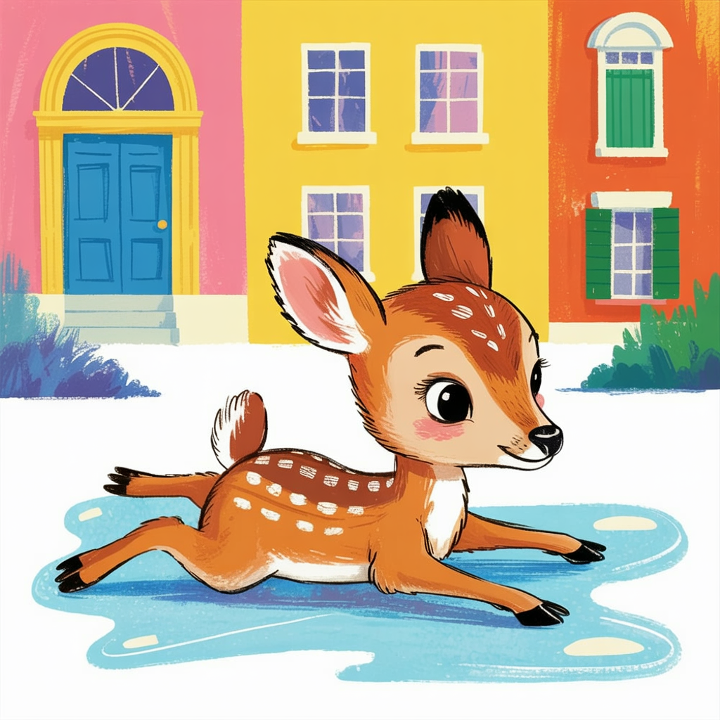 Children's book illustration of a fawn slipping on ice