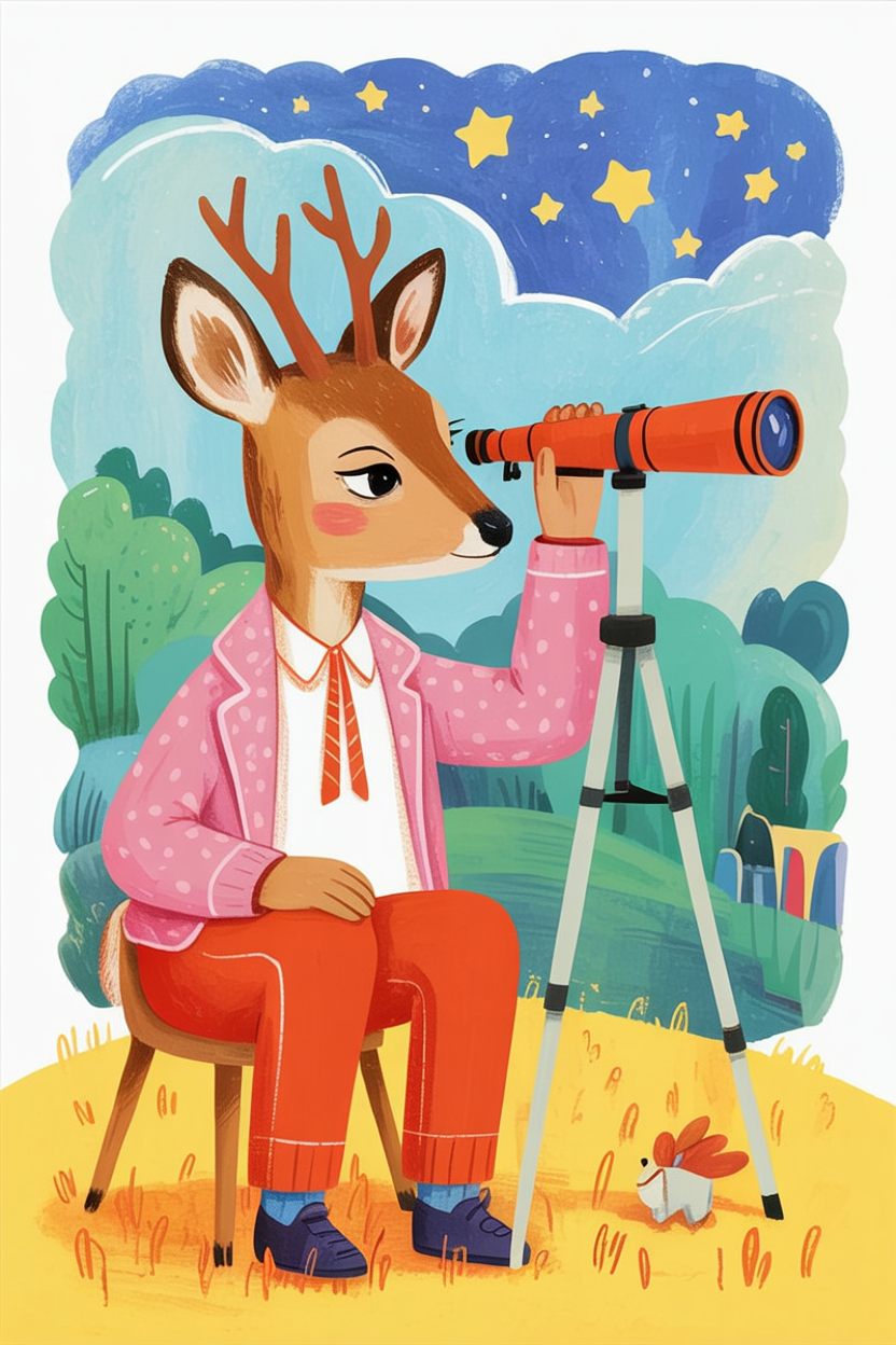 Children's book illustration of a deer stargazing