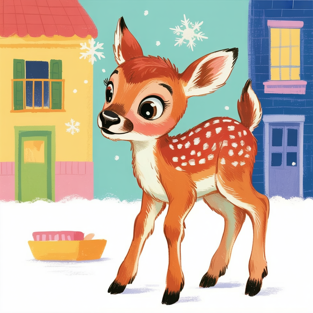 Children's book illustration of a fawn seeing snow for the first time