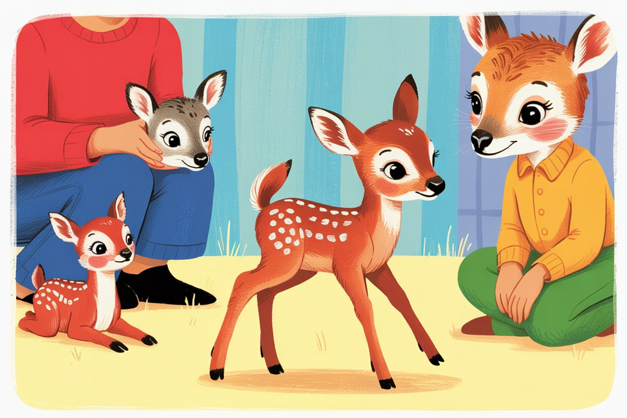 Children's book illustration of a fawn's first steps