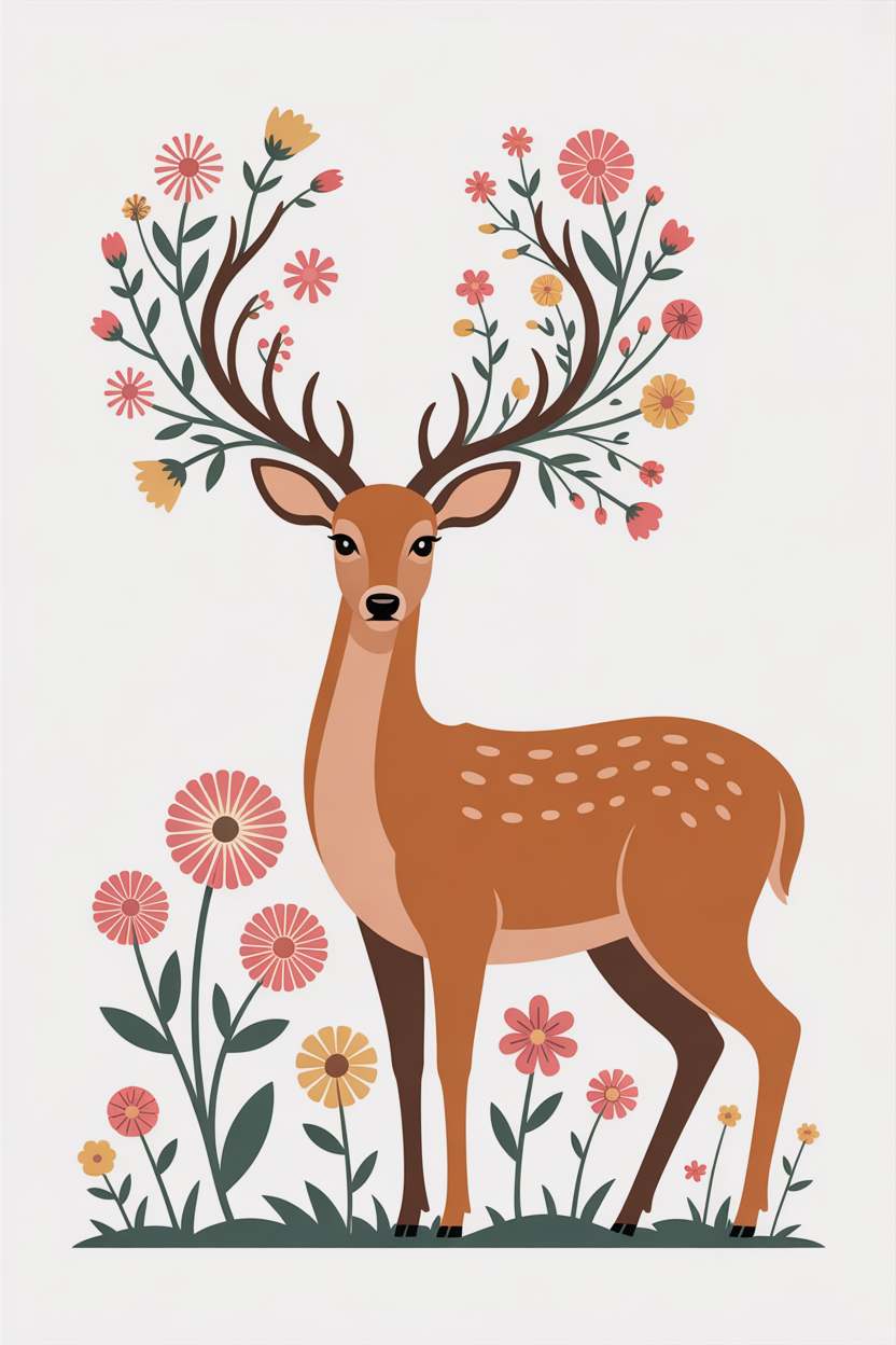 Flat vector illustration of a deer with flowers in its antlers