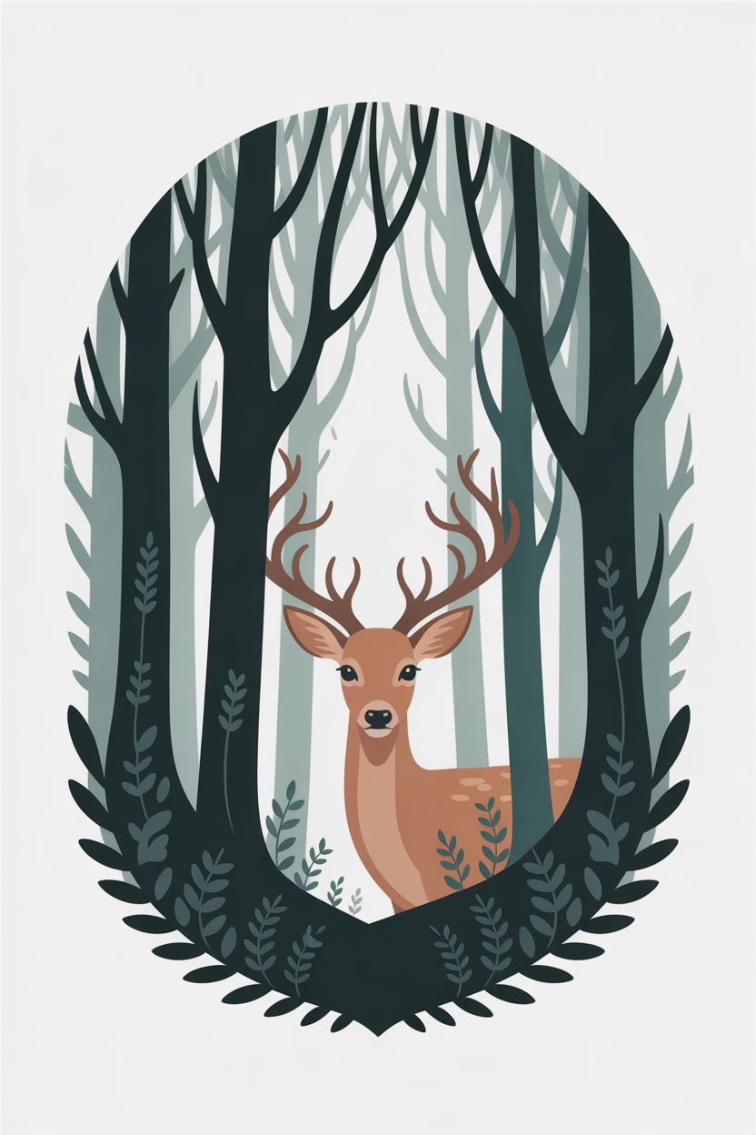 Flat vector illustration of a deer in an enchanted forest
