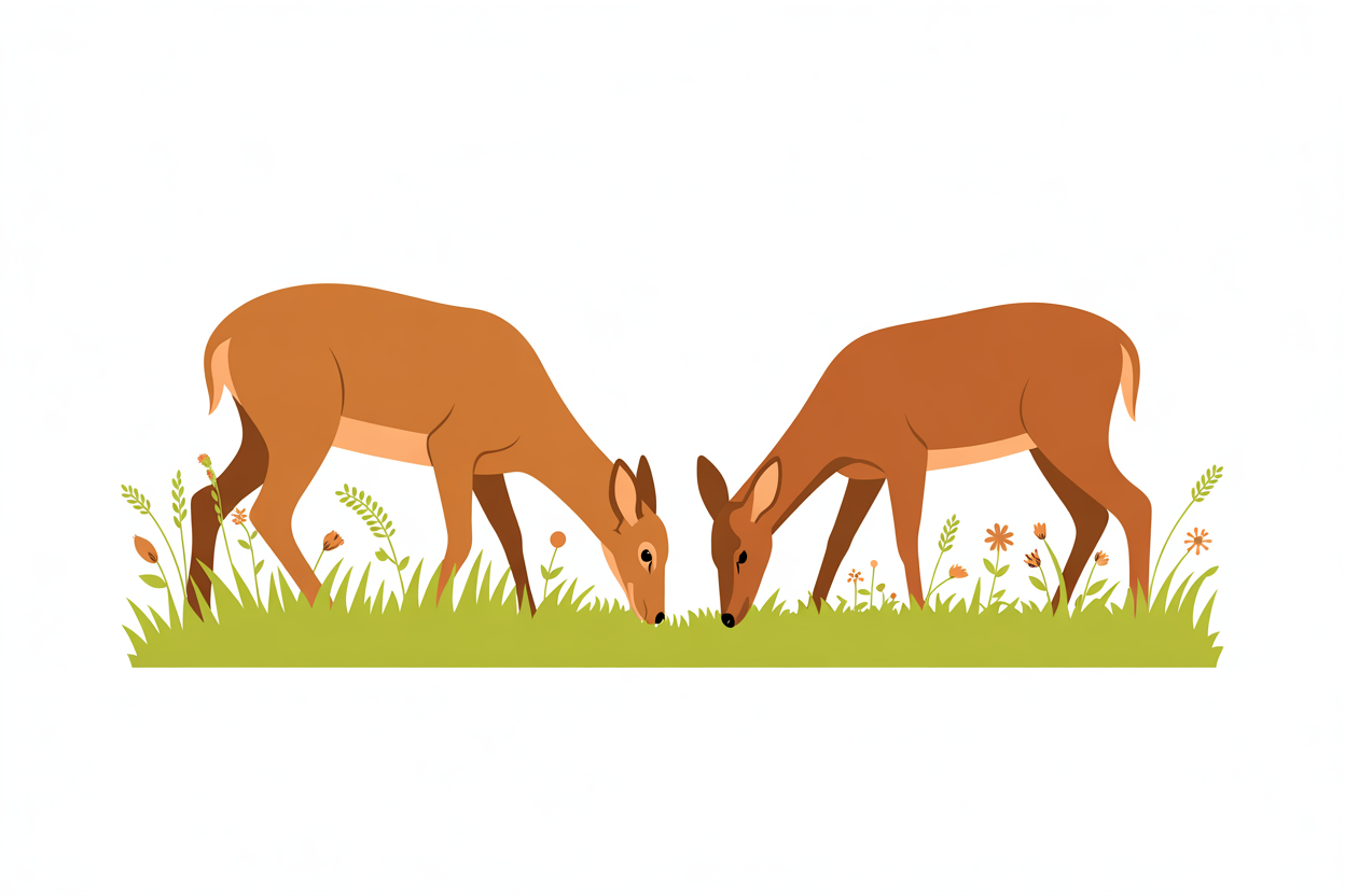 Flat vector illustration of deer grazing in a meadow