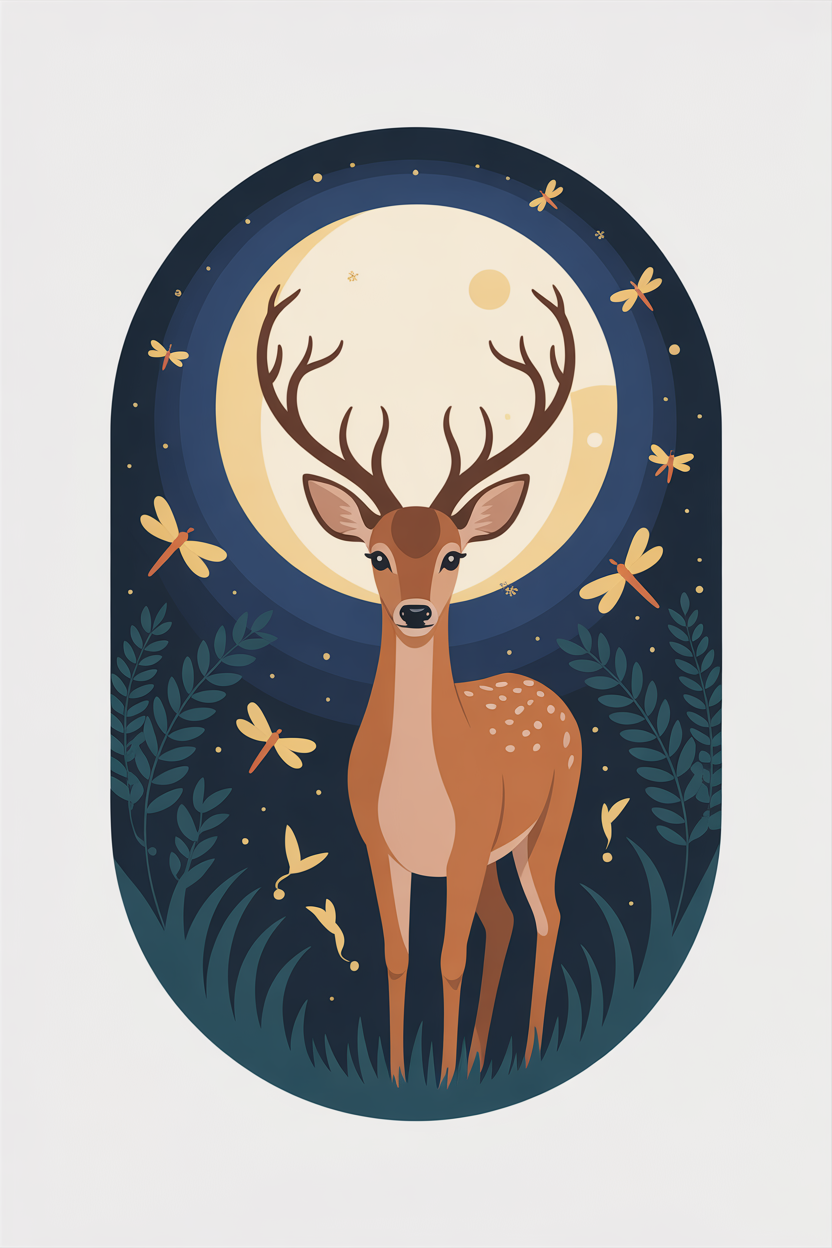 Flat vector illustration of a deer at night