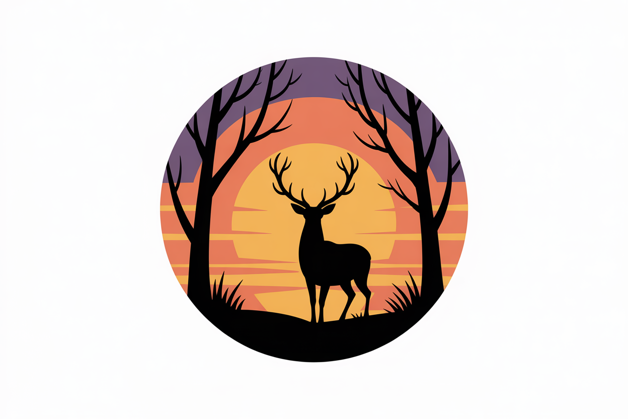 Flat vector illustration of a deer silhouette at sunset
