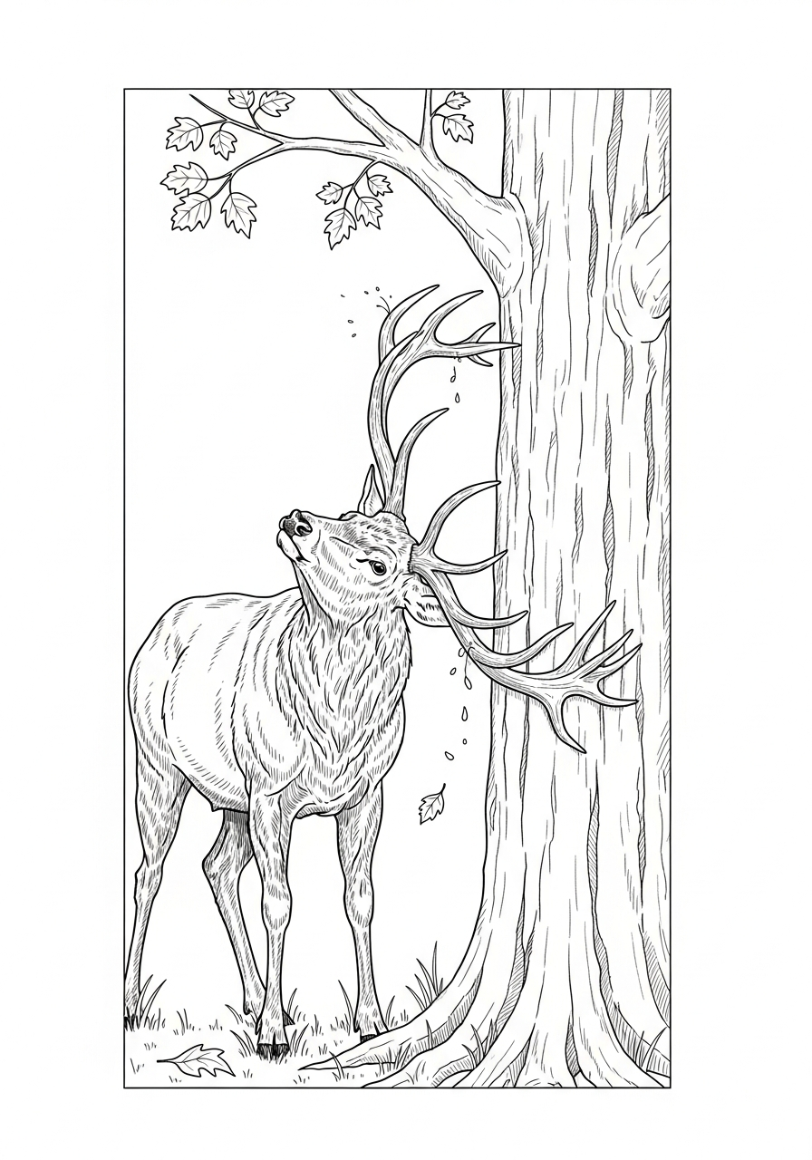 Line art illustration of a deer rubbing antlers on a tree