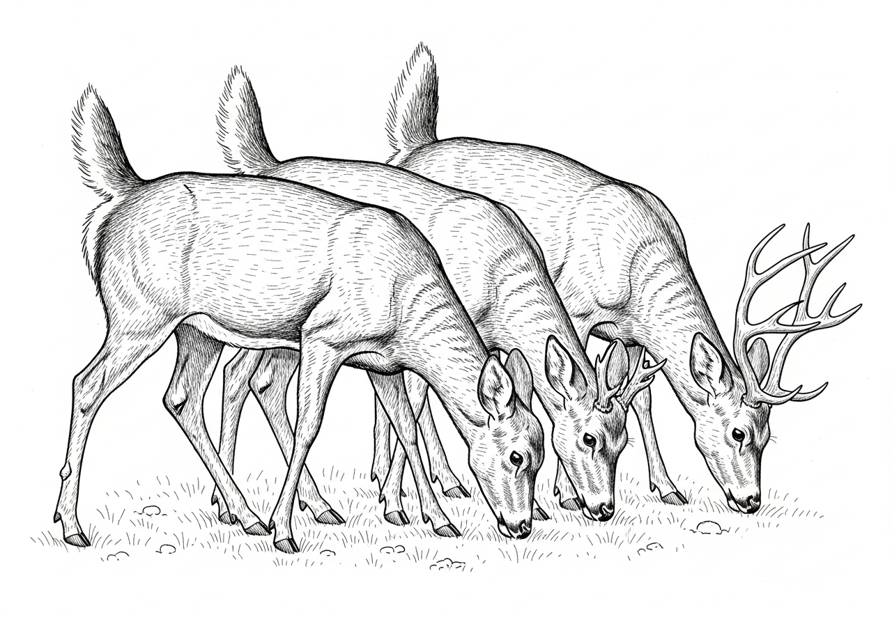 Line art illustration of deer grazing