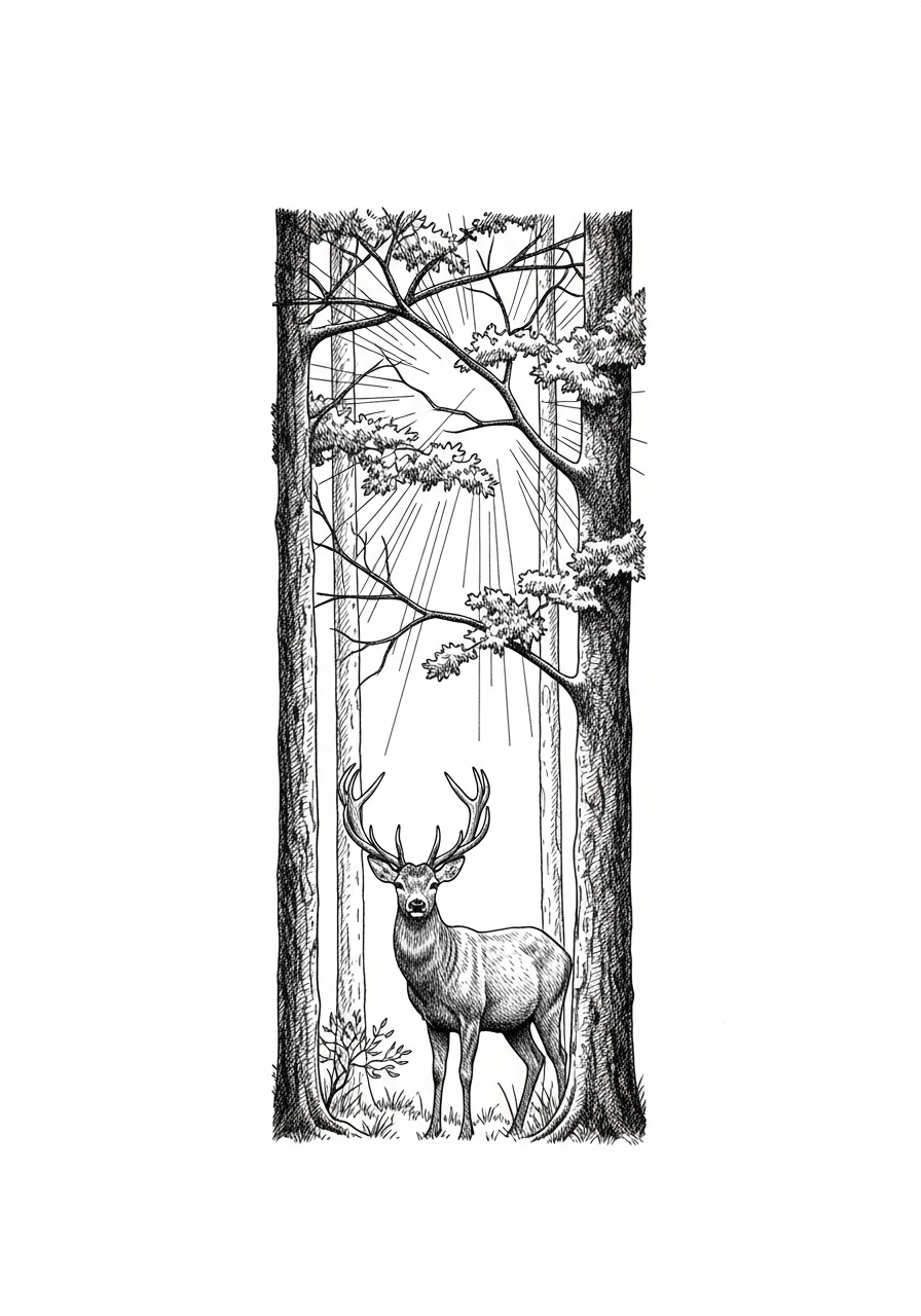 Line art illustration of a deer in a forest