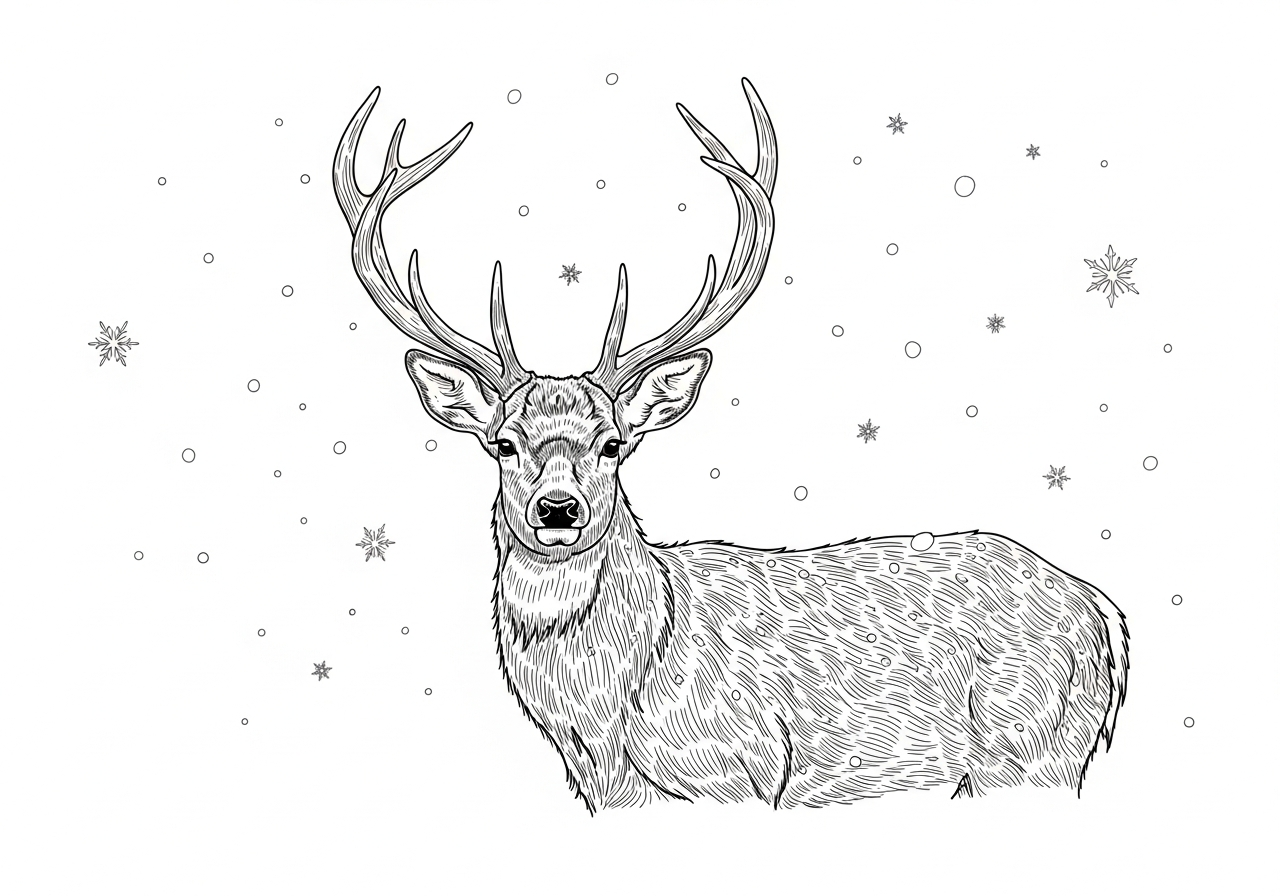 Line art illustration of a deer in snow