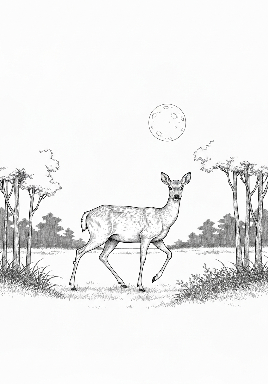 Line art illustration of a deer in a moonlit clearing