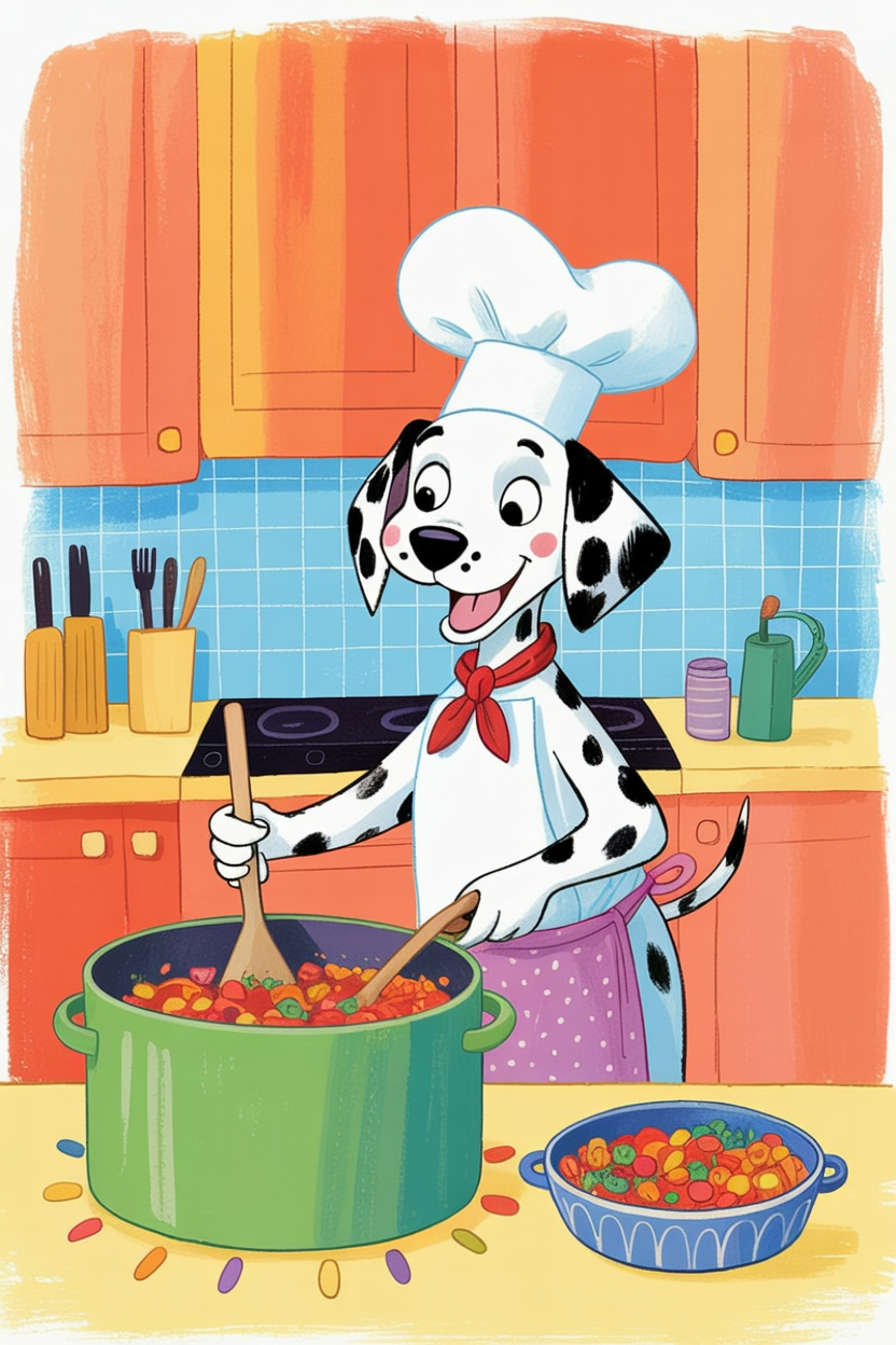 Children's book style illustration of a dog chef in a kitchen