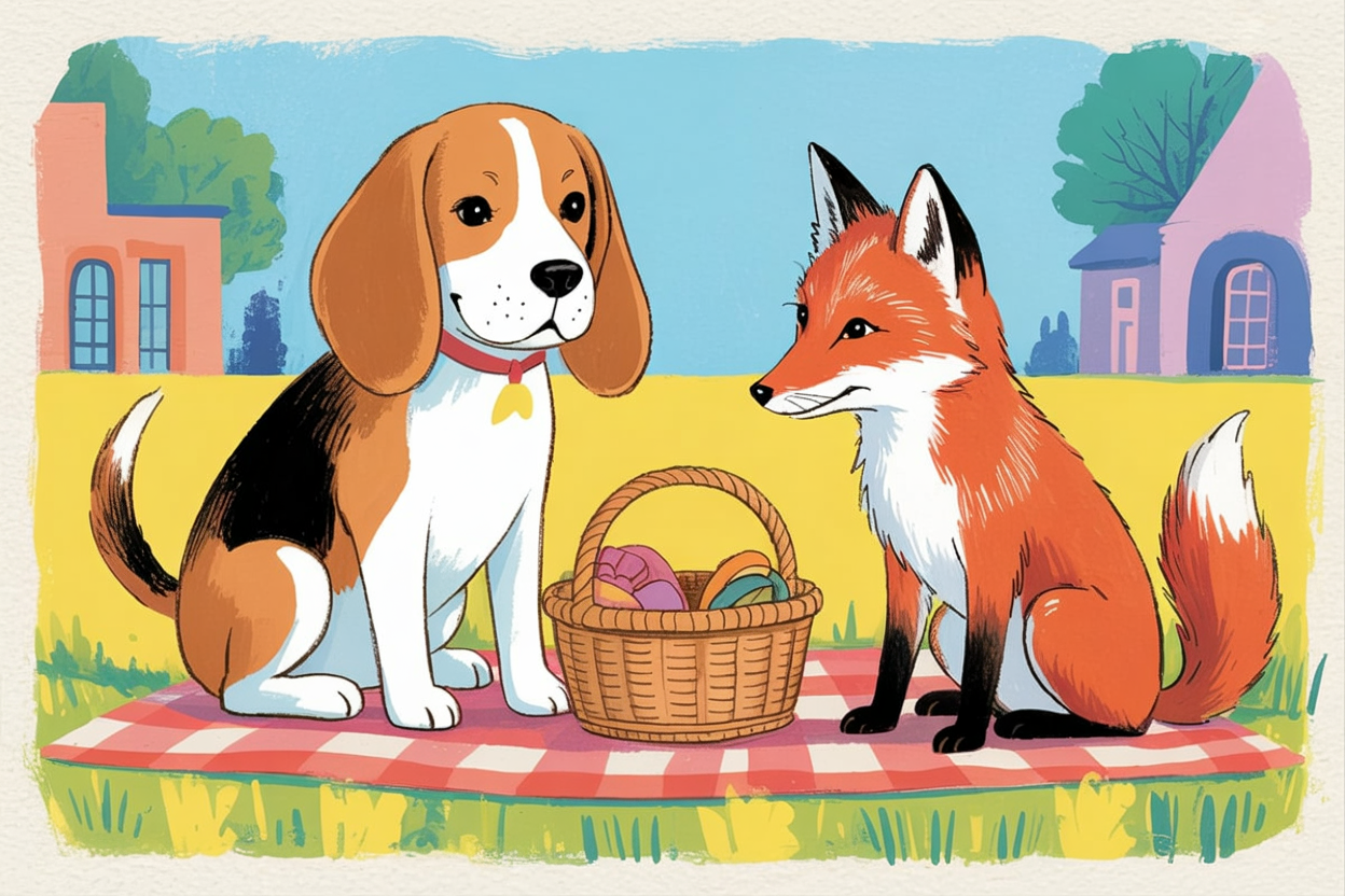 Children's book style illustration of a dog and fox having a picnic