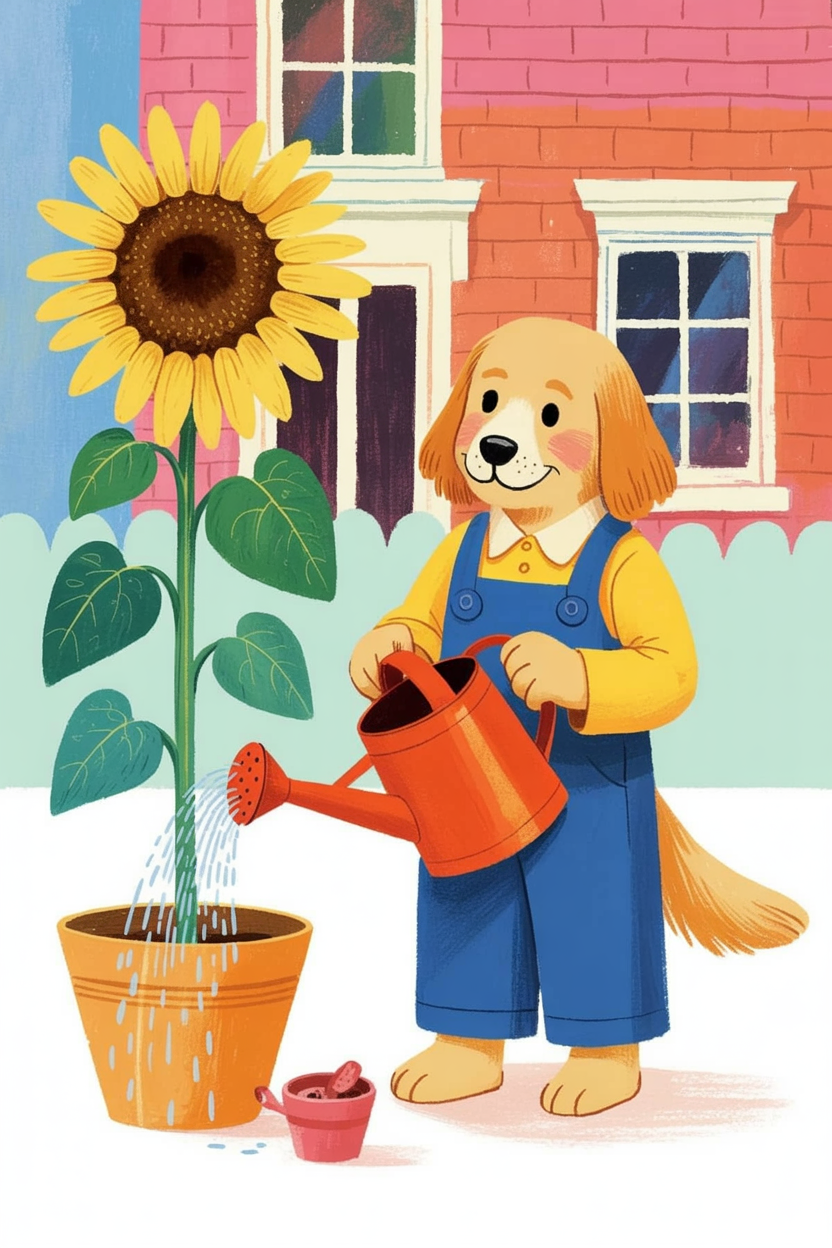 Children's book style illustration of a dog watering a garden