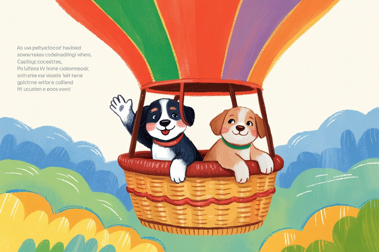 Children's book style illustration of dogs in a hot air balloon