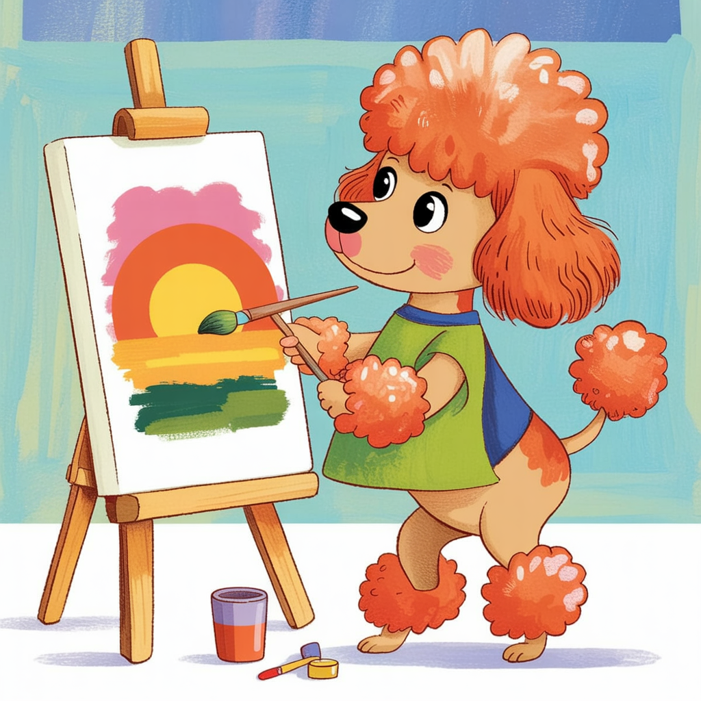Children's book style illustration of a dog painting