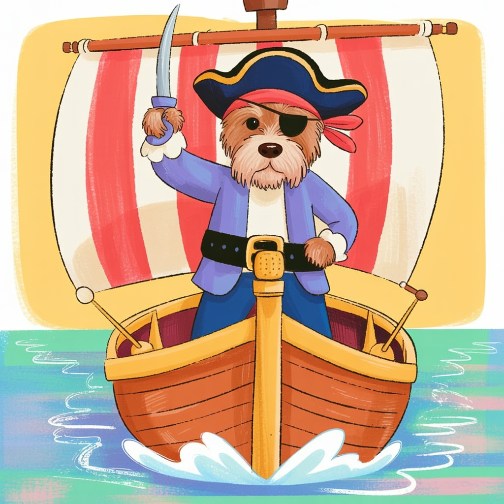 Children's book style illustration of a dog pirate on a ship