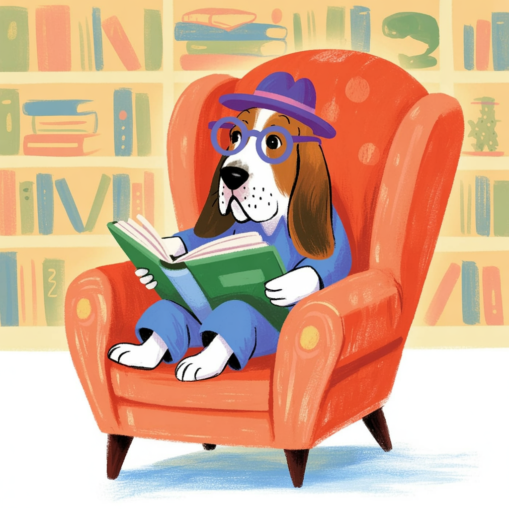 Children's book style illustration of a dog reading in a library
