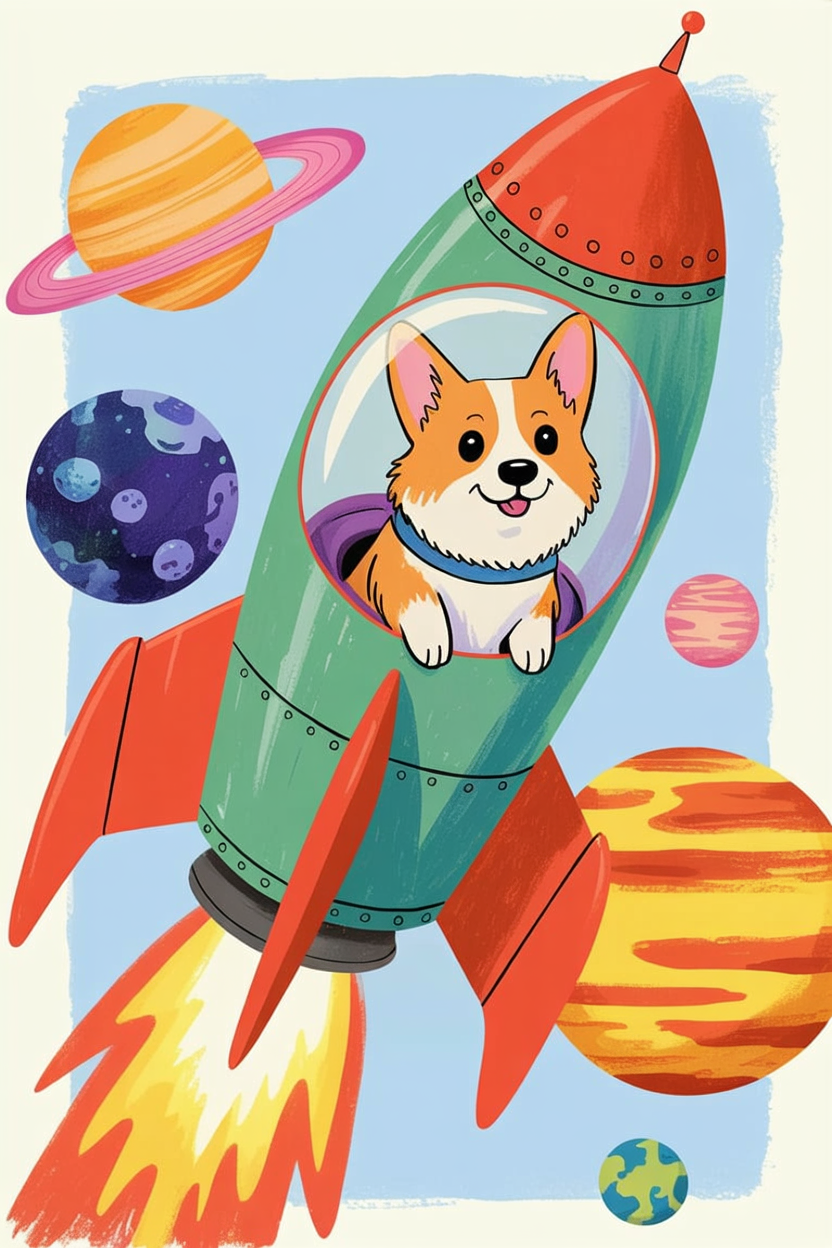 Children's book style illustration of a corgi in a rocket