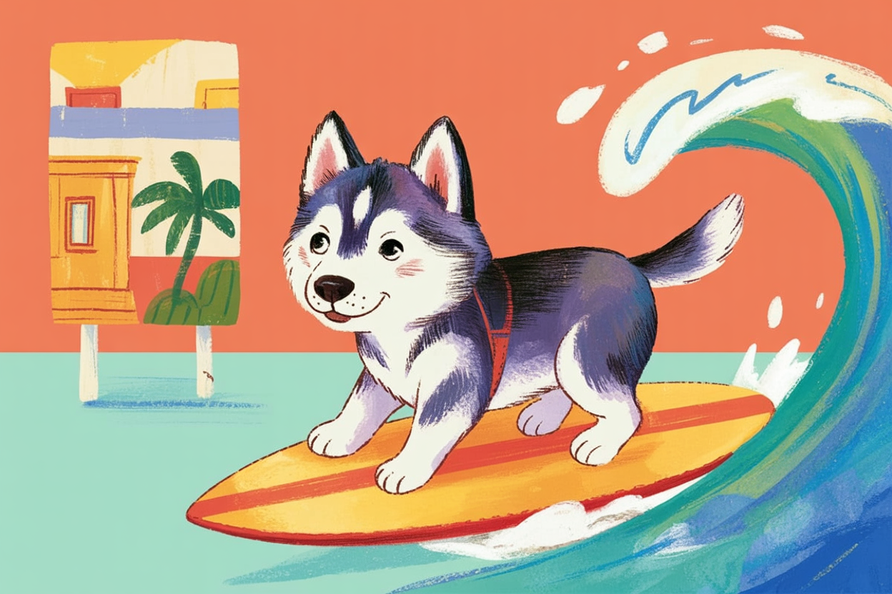 Children's book style illustration of a dog surfing