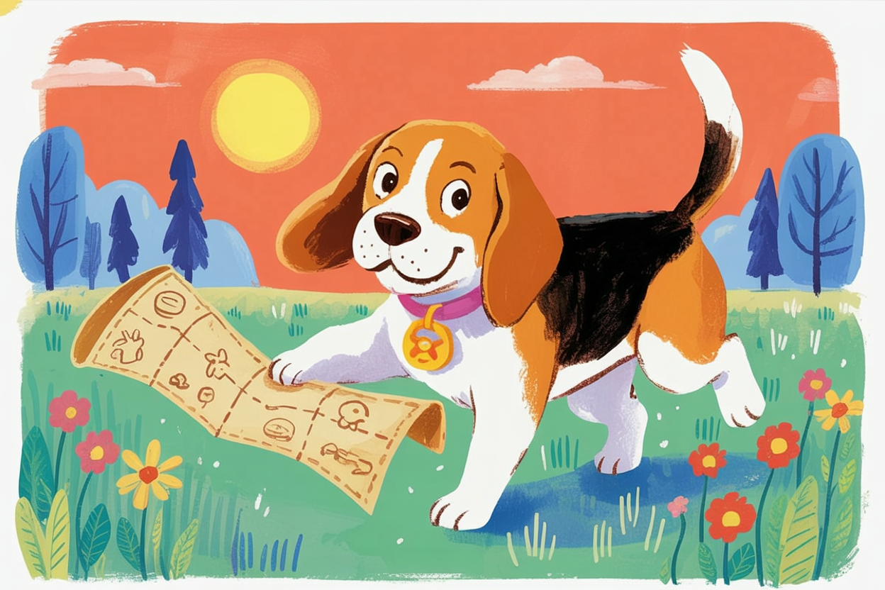 Children's book style illustration of a dog following a treasure map